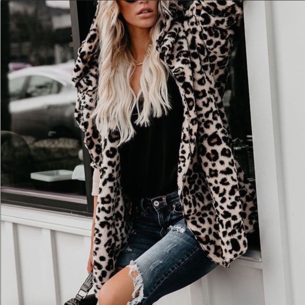 leopard women plush hooded Faux fur animal print warm coat